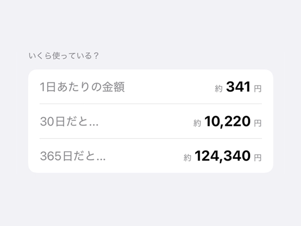 1日辺りの金額、30日あたりの金額、365日あたりの金額が見えるスクリーンショット